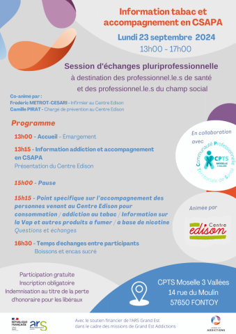 Session d'changes "Information tabac et accompagnement en CSAPA" - FONTOY  (57) | Grand Est Addictions